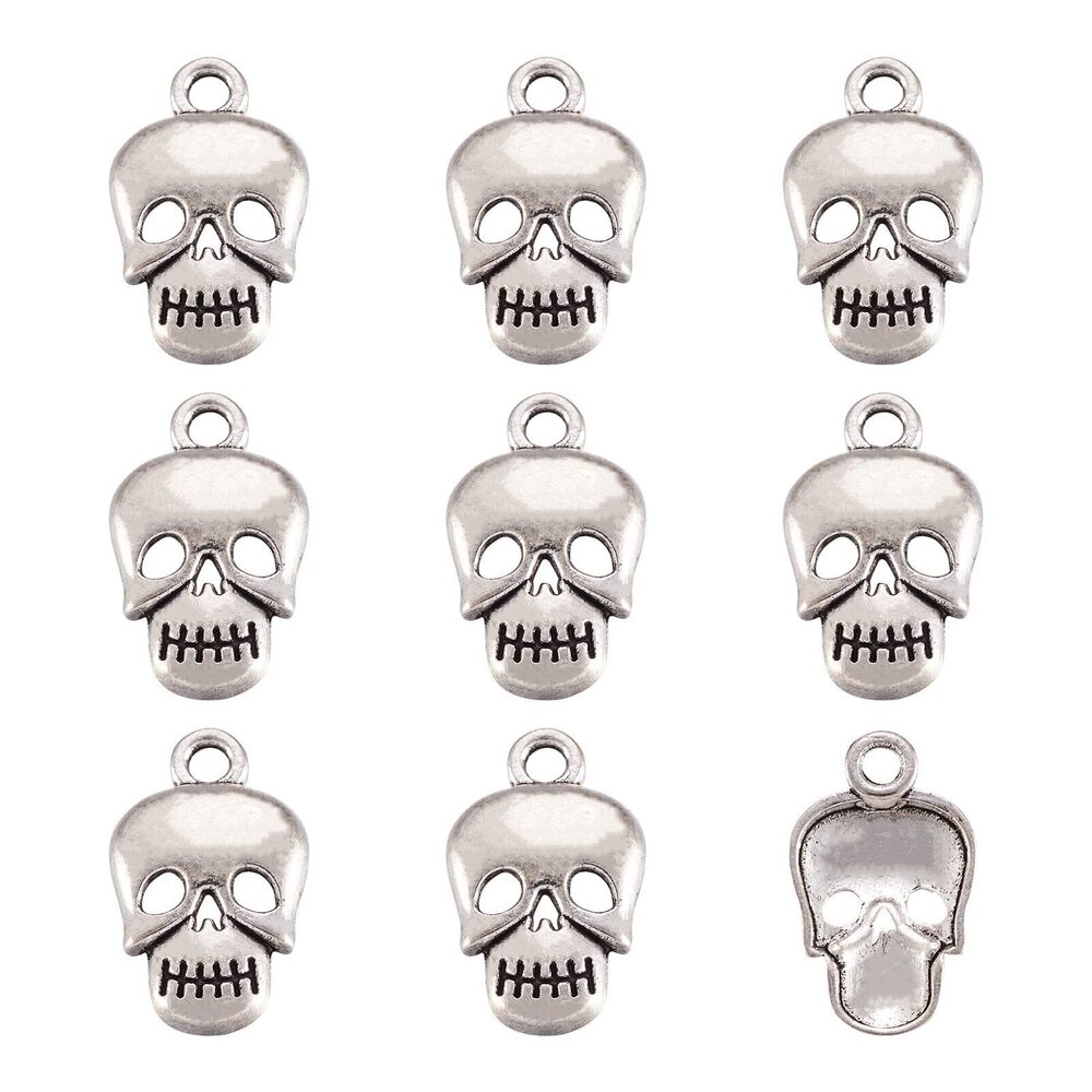 9566 Pandahall 200pcs Tibetan Style Alloy Skull Head Pendants Charms Beads